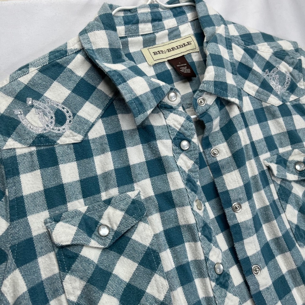 Bit & Bridle Western Shirt Womens Large Teal White Buffalo Plaid Cotton Snaps